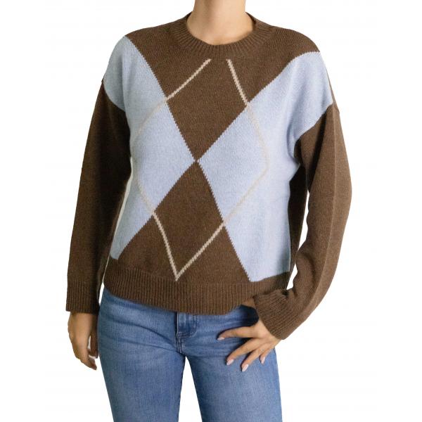 Maglione con rombi bicolore girocollo misto cashmere